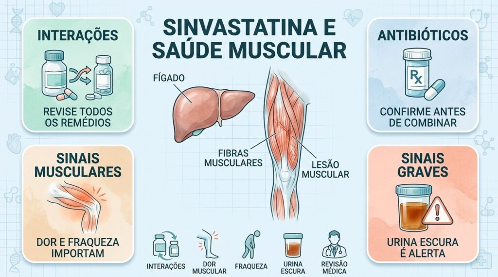 Reconheça sinais musculares e revise possíveis interações medicamentosas com a equipe de saúde.