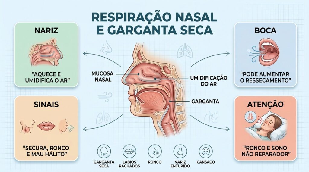 Respiração nasal aquece e umidifica o ar, enquanto a respiração bucal favorece ressecamento.