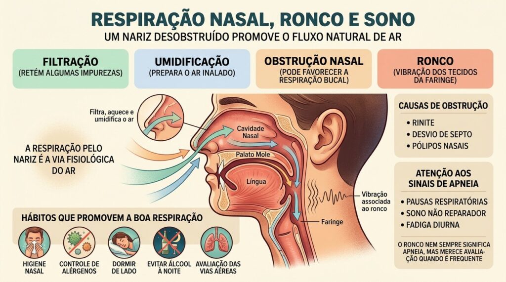 Nariz filtra e umidifica o ar, enquanto obstruções podem favorecer ronco e respiração bucal.
