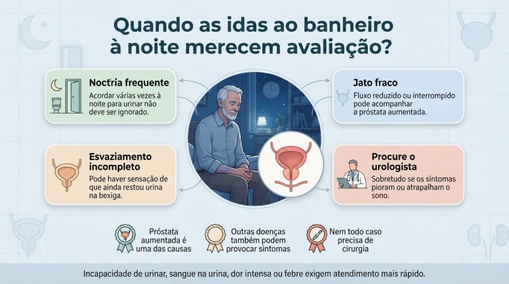 Noctúria, jato fraco e dificuldade para esvaziar a bexiga podem indicar a necessidade de avaliação com o urologista.