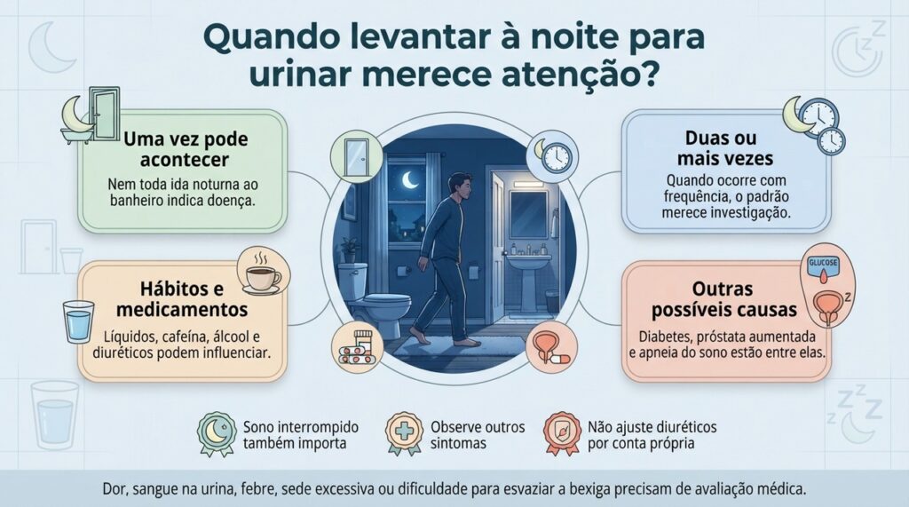 A frequência das idas ao banheiro e os sintomas associados ajudam a indicar quando a noctúria precisa ser investigada.