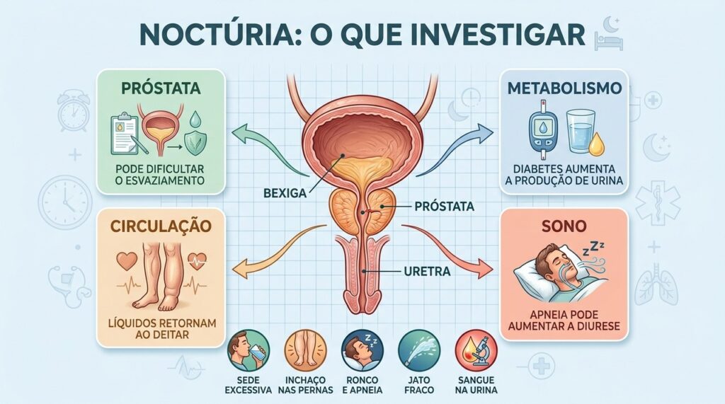 Próstata, diabetes, circulação e apneia estão entre as possíveis causas da noctúria.