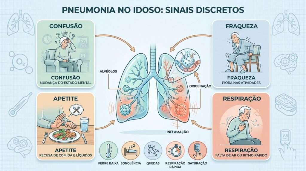 Pneumonia em idosos pode causar alterações gerais antes dos sintomas respiratórios clássicos.