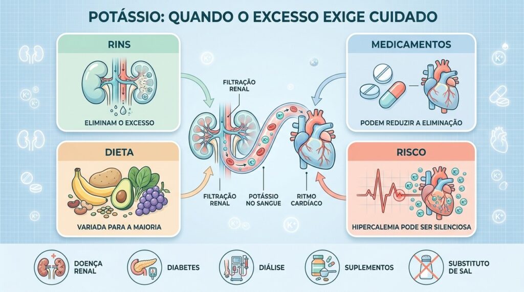 Rins, medicamentos, dieta e fatores de risco determinam o equilíbrio do potássio.