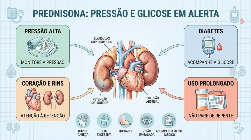 Monitore pressão, glicose e inchaço, e nunca interrompa a prednisona sem orientação médica.