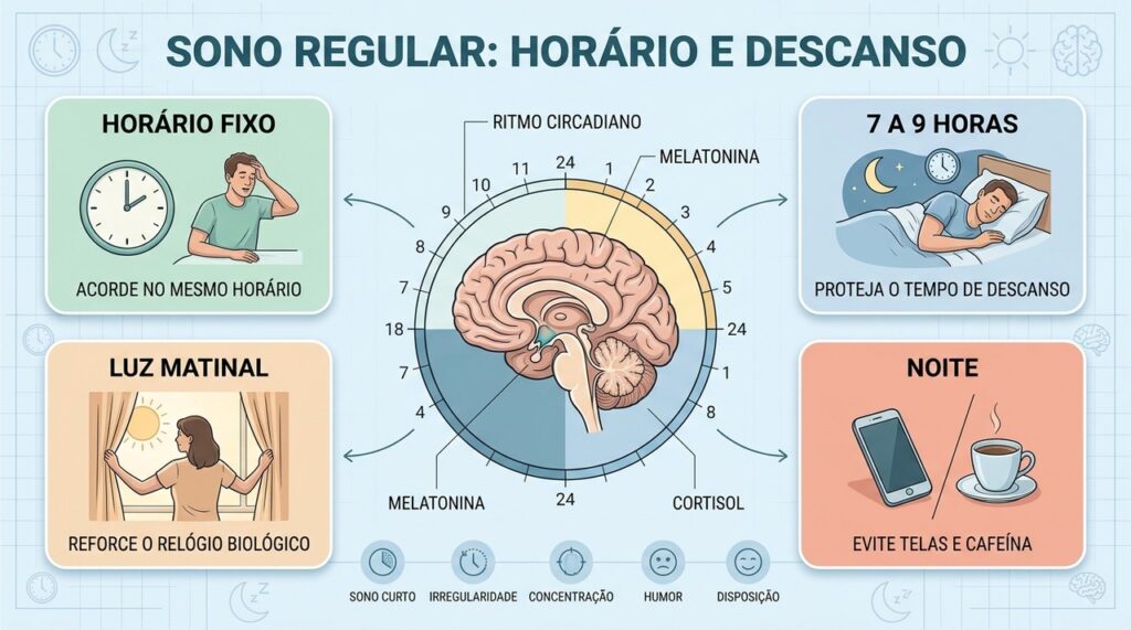 Horário consistente, sete a nove horas e luz matinal sustentam um sono regular.