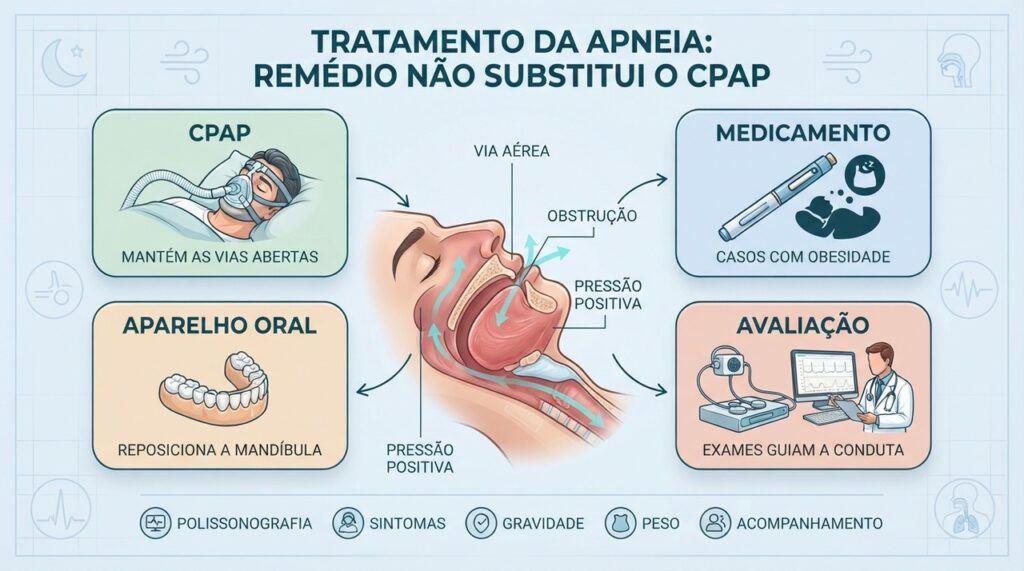 ratamentos para apneia variam conforme gravidade, obesidade, exames e resposta individual.
