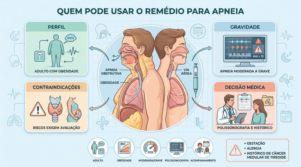 A indicação da tirzepatida depende de obesidade, gravidade da apneia, exames e contraindicações.