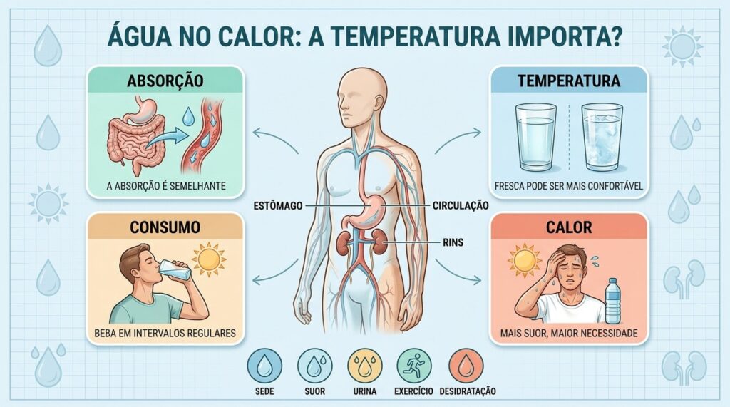Temperatura, frequência, suor e volume ingerido influenciam a hidratação durante dias quentes.
