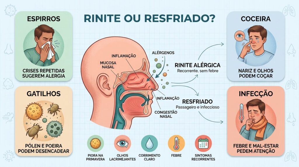 Espirros, coceira, gatilhos e febre ajudam a diferenciar rinite de resfriado.