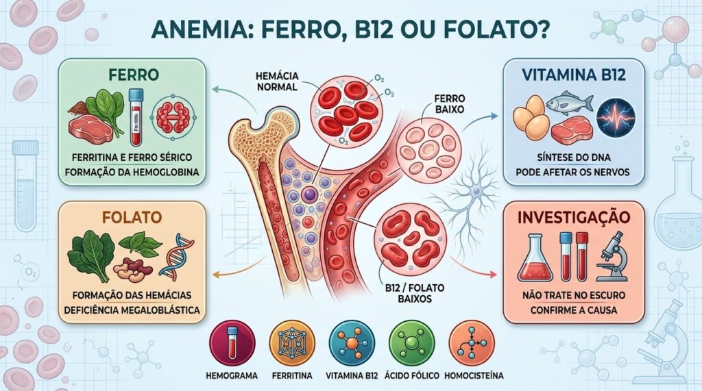 Ferro, B12 e folato afetam o sangue por mecanismos diferentes e exigem investigação.