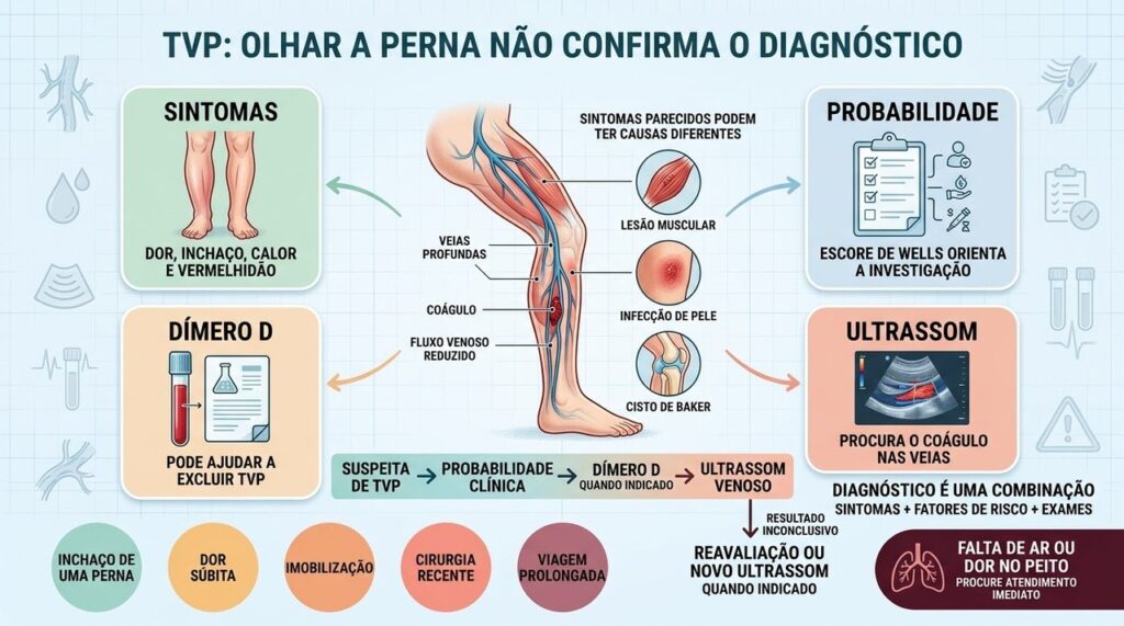 Suspeita de TVP combina probabilidade clínica, dímero D e ultrassom venoso.