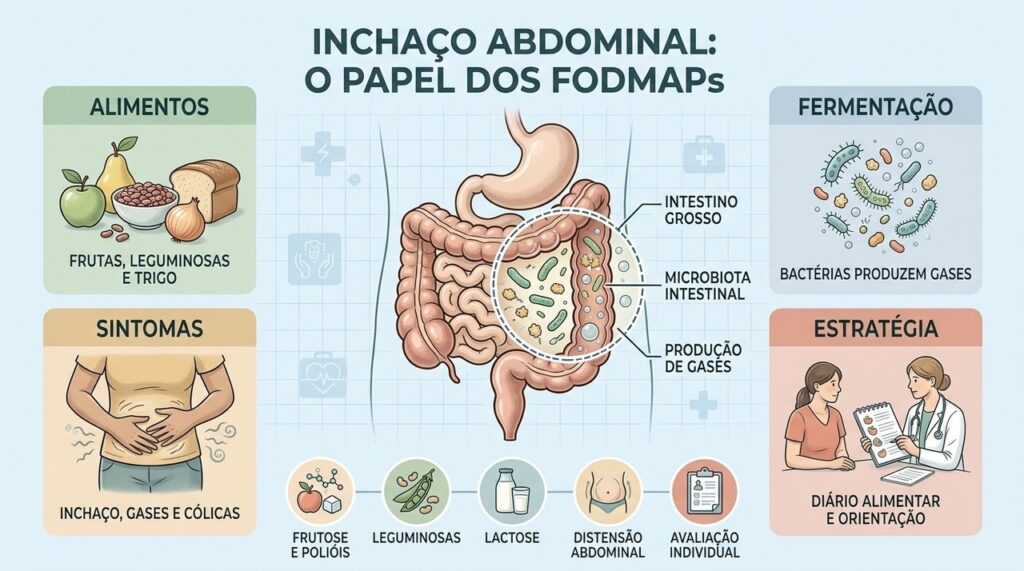FODMAPs, microbiota e produção de gases ajudam a explicar a distensão e orientam ajustes alimentares individualizados.