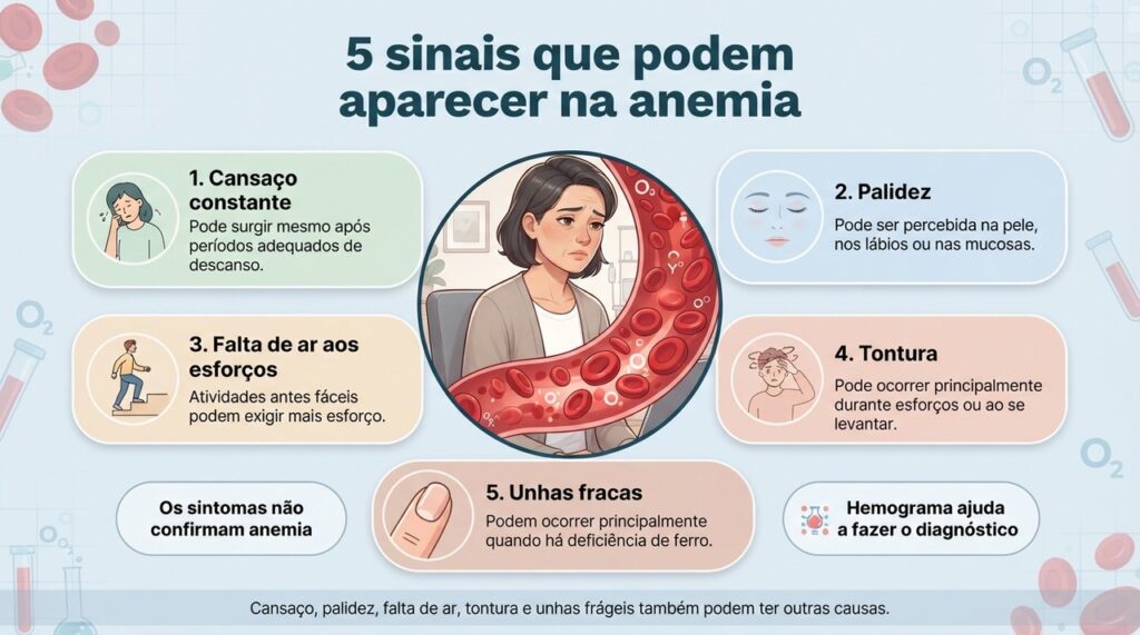 Cinco sinais podem levantar suspeita de anemia, mas somente a avaliação clínica e os exames confirmam o diagnóstico.