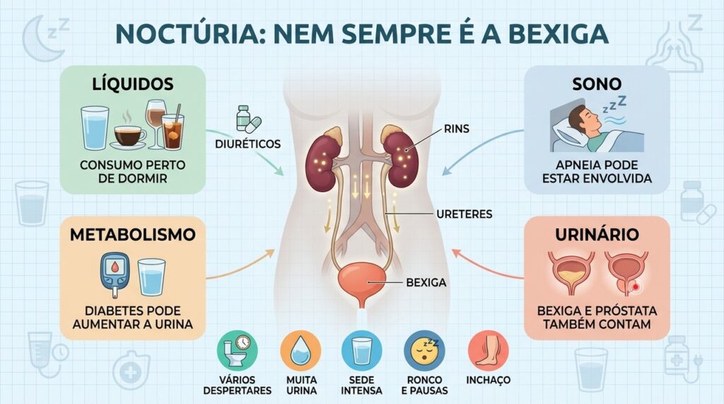 Líquidos, apneia, diabetes e alterações urinárias estão entre as causas de noctúria.