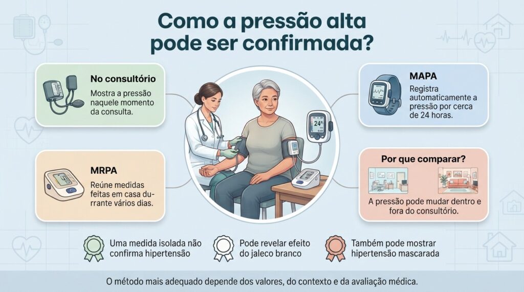 MAPA, MRPA e medidas repetidas no consultório ajudam a mostrar como a pressão se comporta em diferentes situações.