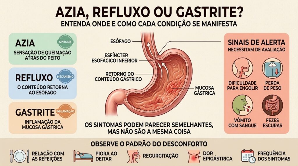Azia é sintoma, refluxo envolve retorno gástrico e gastrite inflama o estômago.