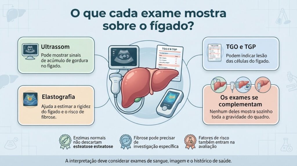 Ultrassom, TGO, TGP e elastografia respondem a perguntas diferentes e ajudam a formar uma avaliação mais completa do fígado.