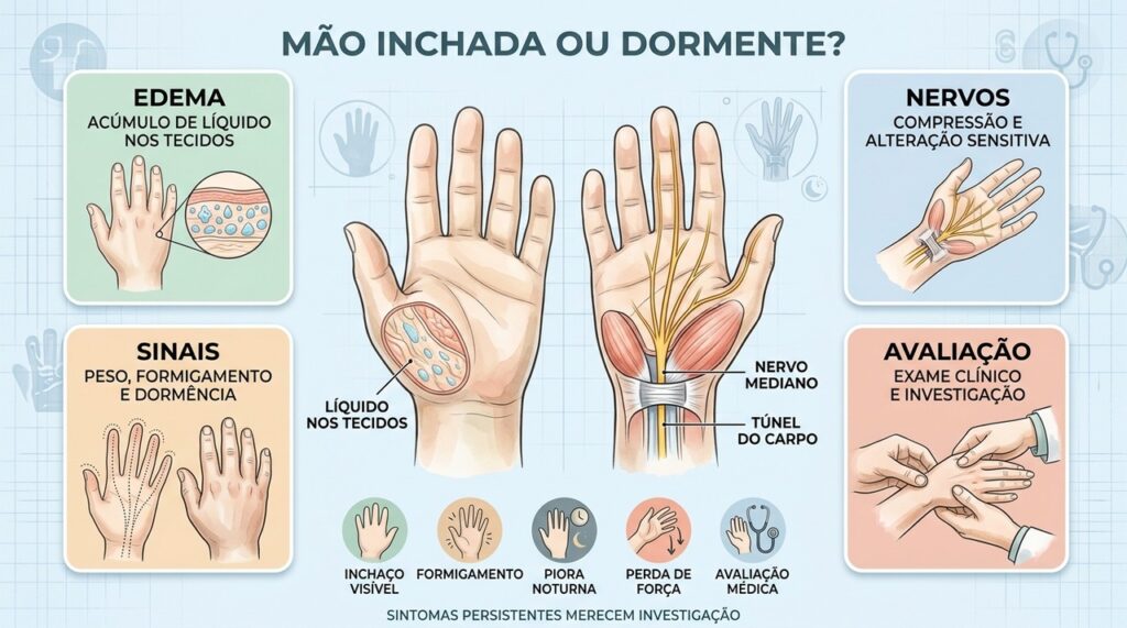 Edema e dormência têm mecanismos diferentes, e os sintomas associados ajudam a orientar a avaliação médica.