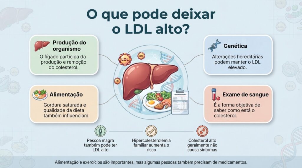 Colesterol alto pode acontecer mesmo em quem come bem e é magro. Entenda como fígado, genética e outros fatores influenciam o LDL.