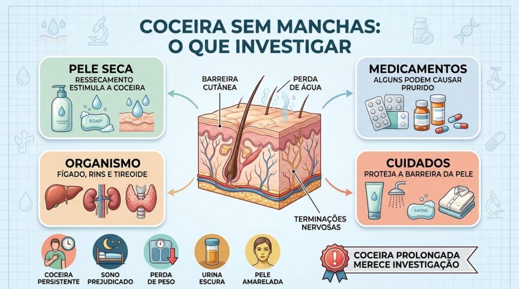 Ressecamento, medicamentos e alterações sistêmicas estão entre as causas de coceira sem lesões.