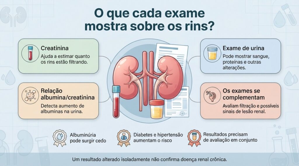 Os exames avaliam tanto a capacidade de filtração quanto sinais de possível dano renal e devem ser interpretados em conjunto.