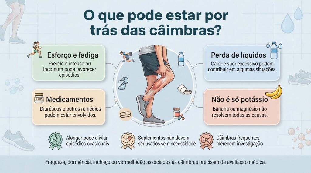 Observar quando as câimbras surgem e quais outros sintomas aparecem ajuda a investigar a causa com mais precisão.