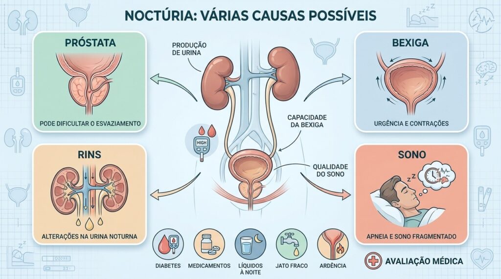 Próstata, bexiga, rins, medicamentos e distúrbios do sono podem explicar a noctúria.