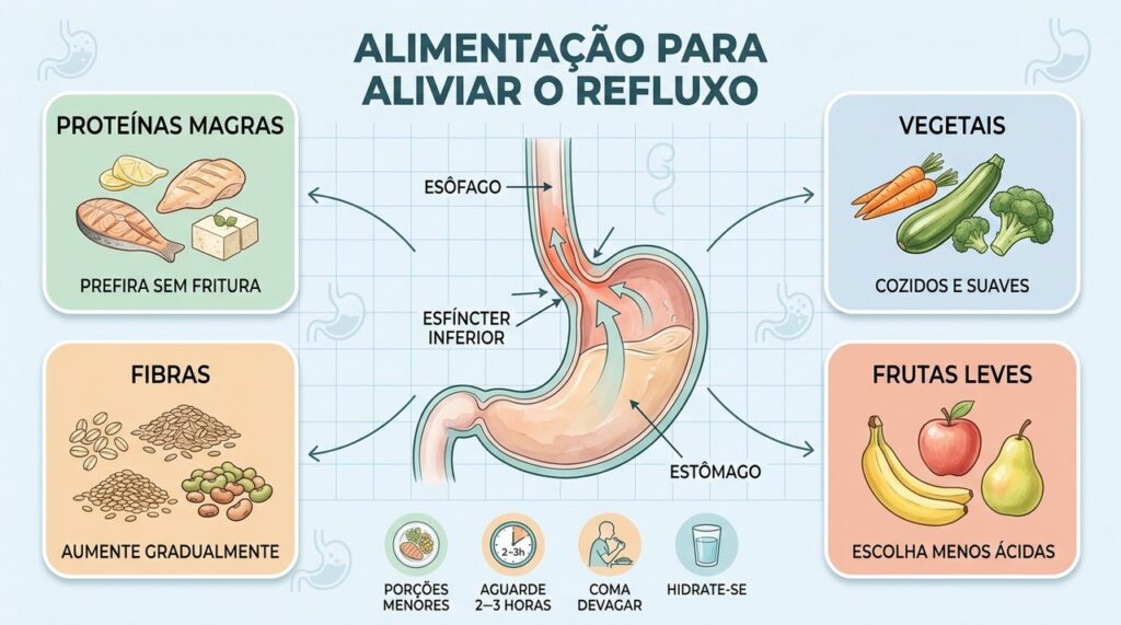 Proteínas magras, vegetais, fibras e hábitos à mesa ajudam a manejar os sintomas do refluxo.