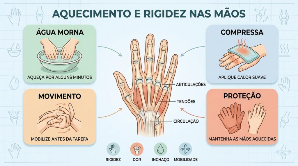 Calor suave antes de escrever ou costurar prepara articulações, tendões e músculos para o esforço.
