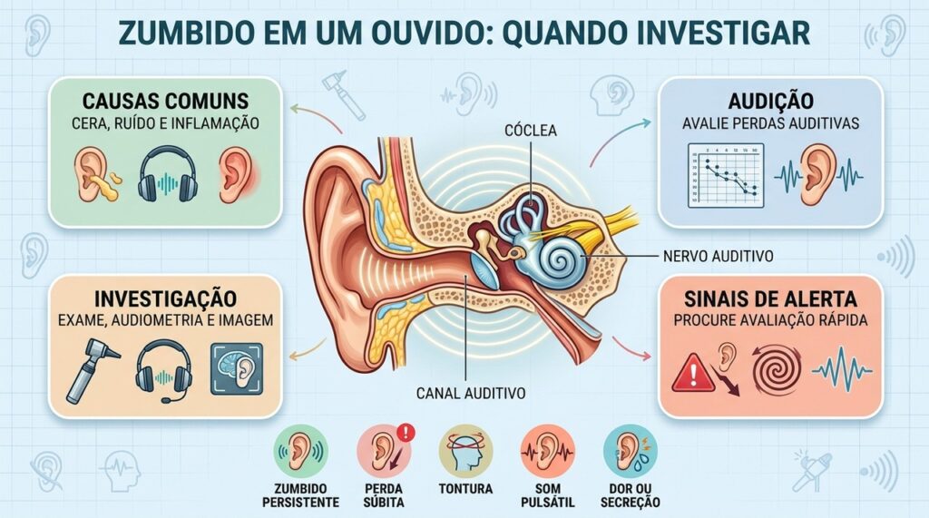 Persistência, perda auditiva, tontura e som pulsátil orientam a investigação do zumbido.