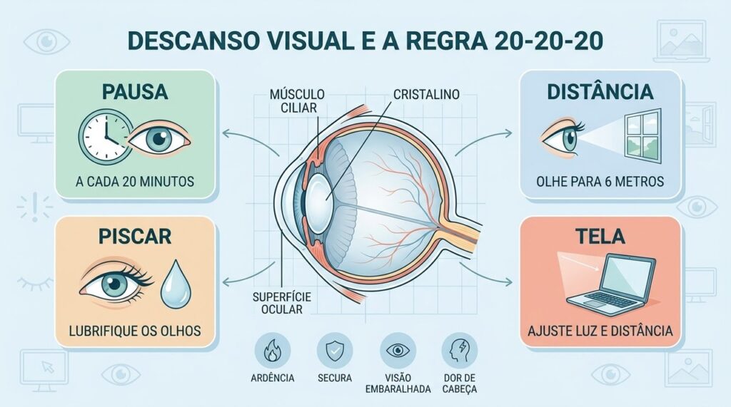 Regra 20-20-20, piscar e ajustar a tela ajudam a reduzir a fadiga ocular.