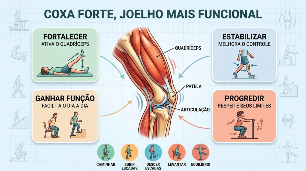 Quadríceps fortalecido favorece estabilidade, mobilidade e tarefas cotidianas afetadas pela artrose.
