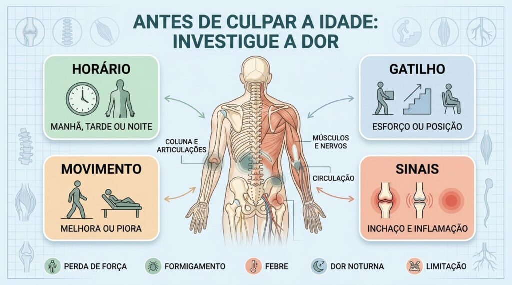 Horário, gatilhos, movimento e sinais associados ajudam a investigar diferentes causas da dor.