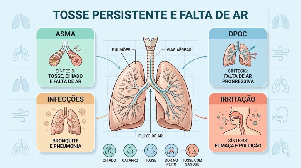 Asma, DPOC, infecções e irritações estão entre as causas de tosse persistente e falta de ar.