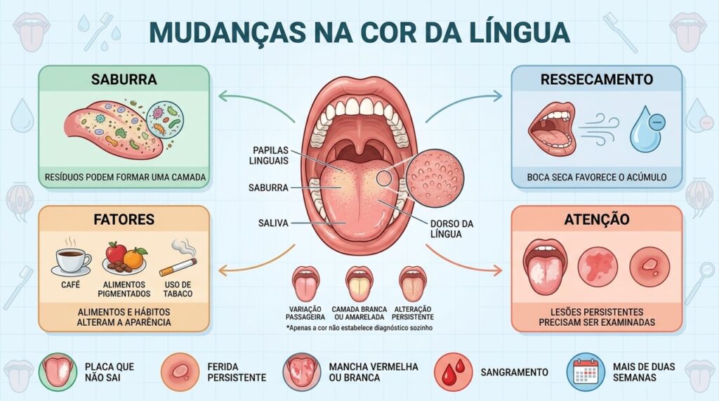 Saburra, ressecamento, hábitos e alterações persistentes ajudam a orientar a avaliação da língua.