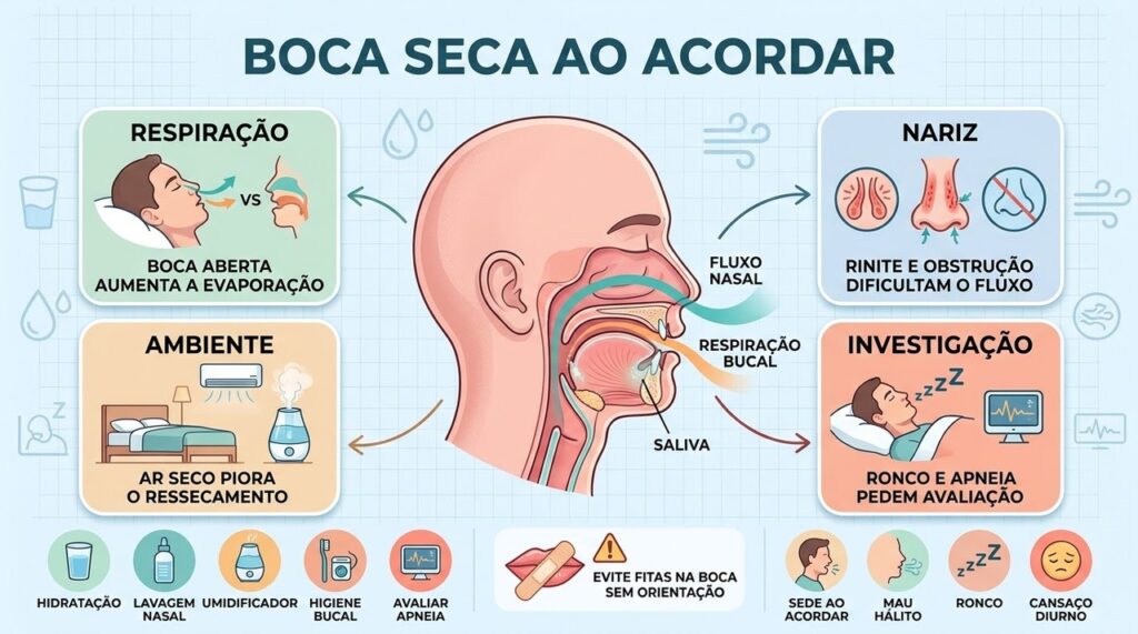 Respiração bucal, obstrução nasal e ar seco ajudam a explicar a xerostomia matinal.