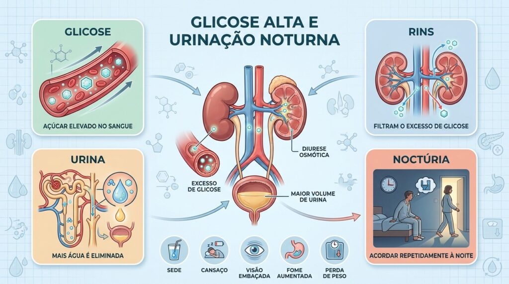 Glicose alta favorece a perda de água pelos rins e aumenta a noctúria.