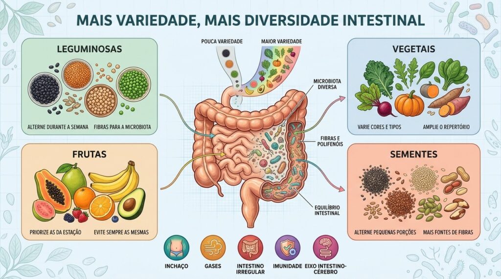 Leguminosas, vegetais, frutas e sementes variadas favorecem uma microbiota intestinal mais diversa.