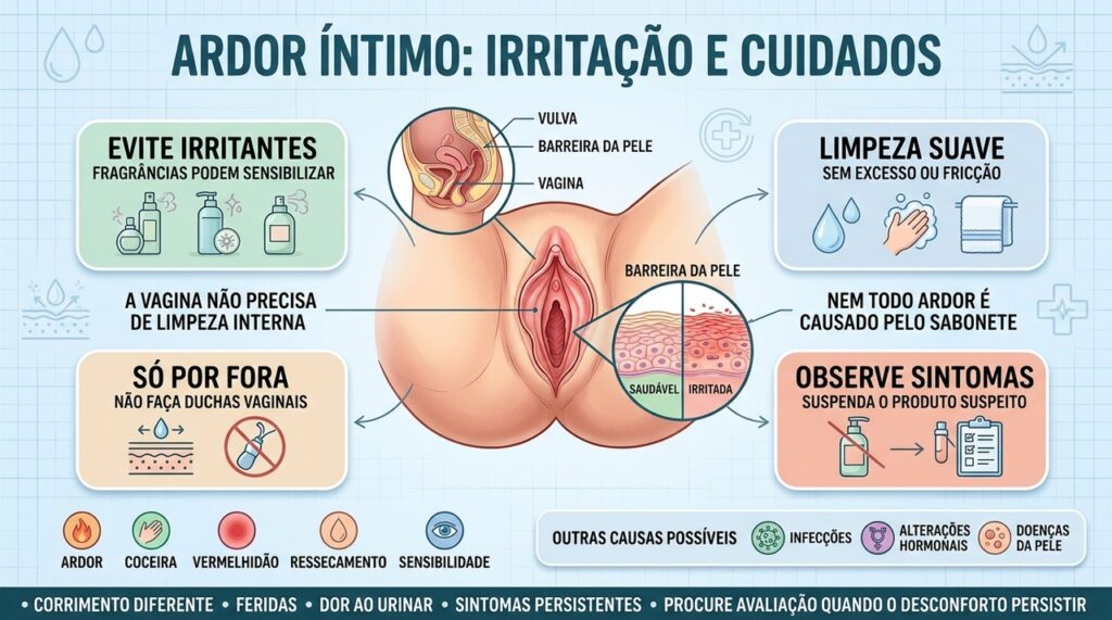 Higiene externa suave e menos irritantes ajudam a proteger a pele vulvar.