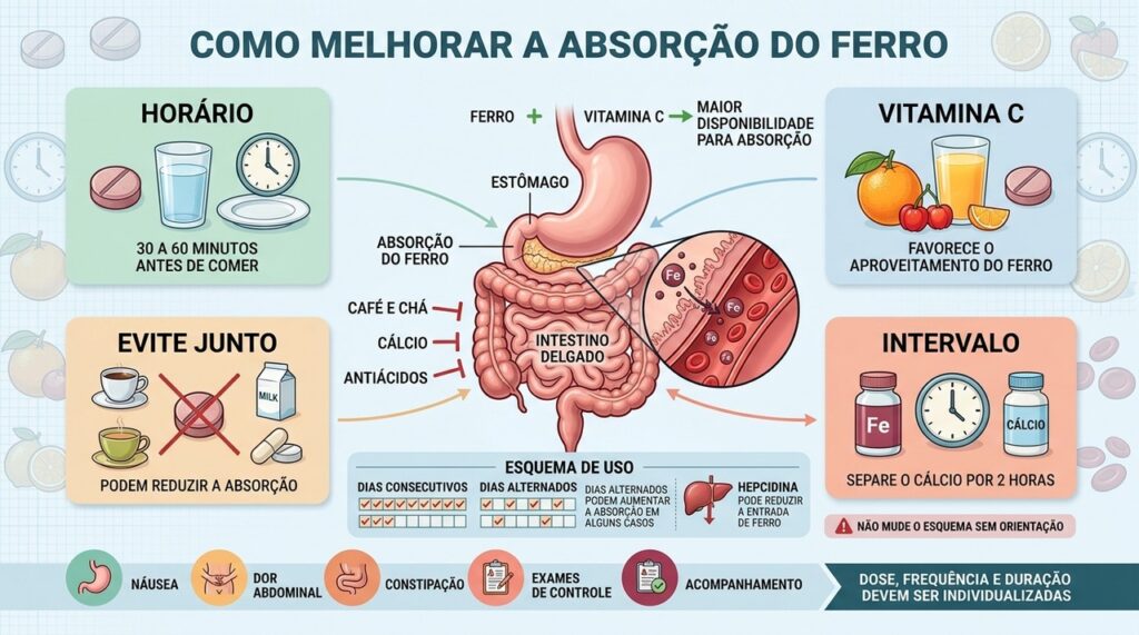 Vitamina C favorece a absorção, enquanto café, chá e cálcio podem reduzi-la.
