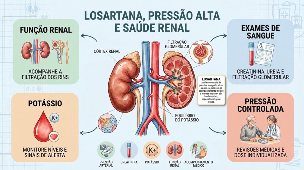 Exames periódicos ajudam a acompanhar a filtração renal, os níveis de potássio e a pressão arterial durante o tratamento.