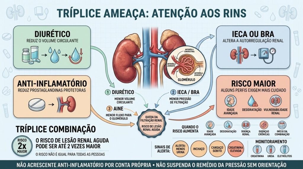 Diurético, IECA ou BRA e anti-inflamatório podem reduzir juntos a filtração renal.