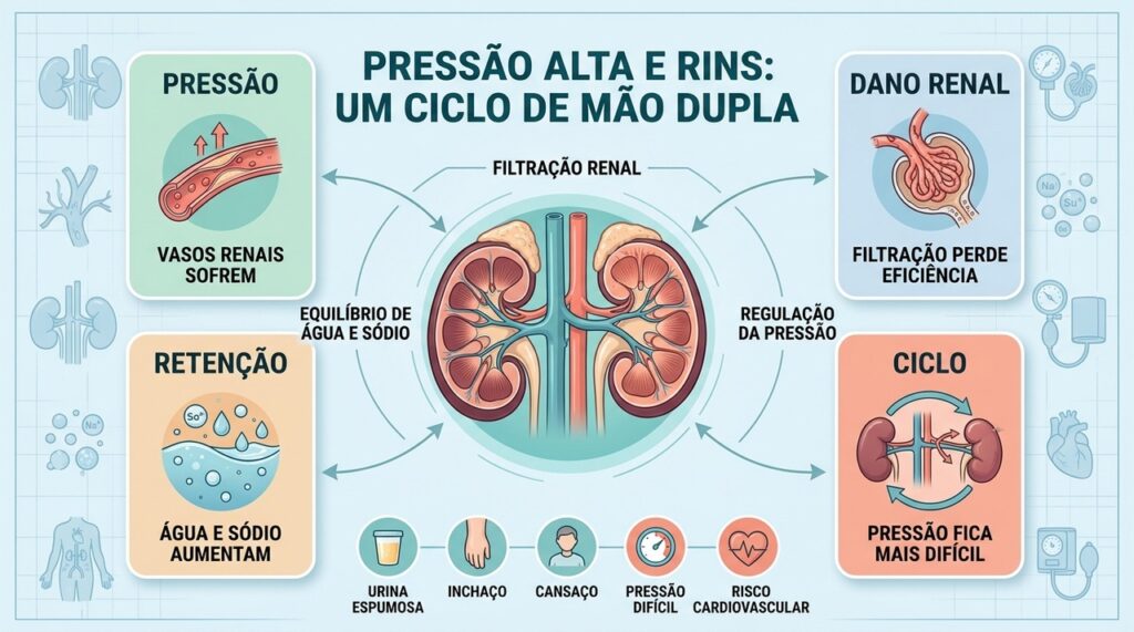 Pressão alta e doença renal se reforçam por retenção, dano vascular e perda de filtração.