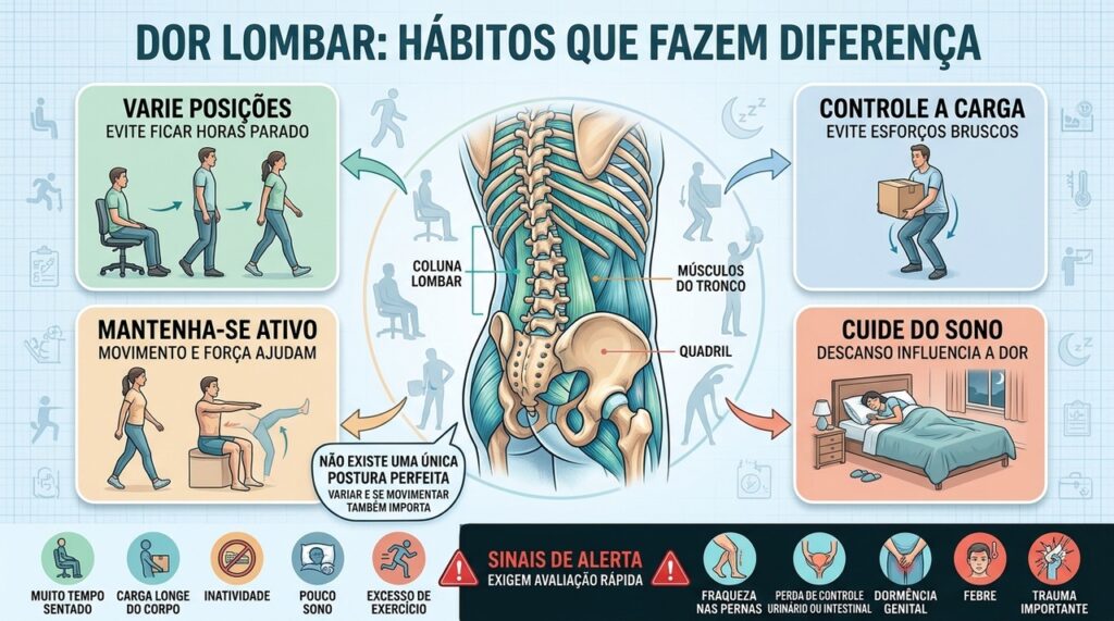 Movimento, cargas controladas, fortalecimento e sono ajudam no manejo da dor lombar.