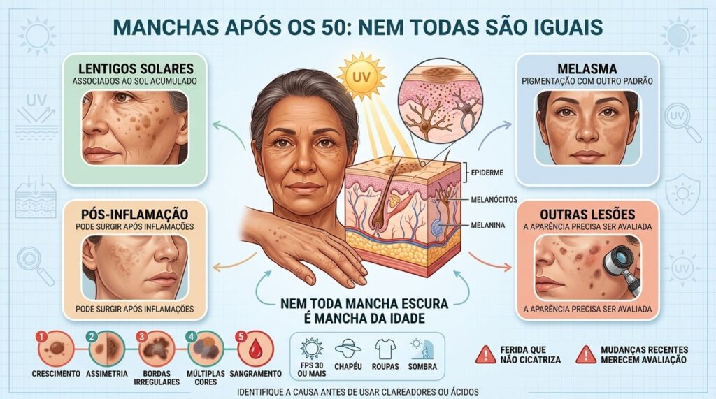 Sol, inflamação e outras causas podem produzir diferentes tipos de manchas escuras.