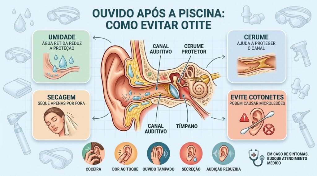 Umidade, cerume e secagem correta ajudam a prevenir a otite do nadador.