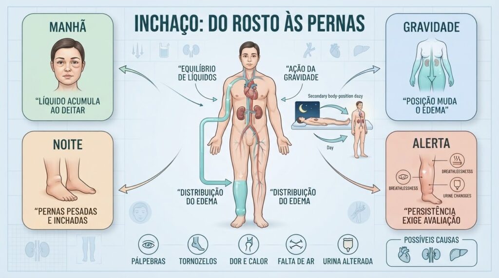 A posição do corpo pode deslocar o edema entre rosto, tornozelos e pés.