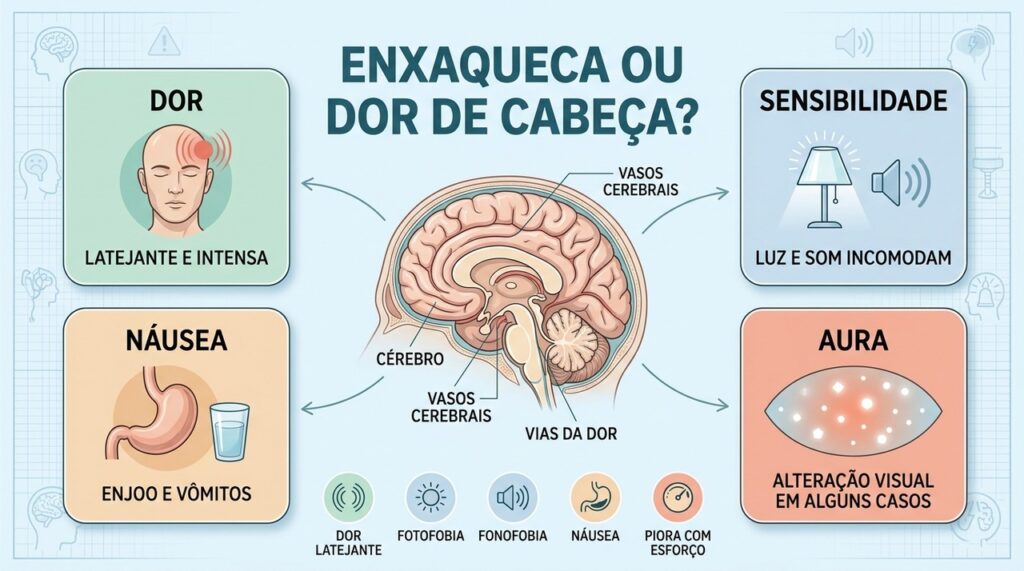Dor pulsante, sensibilidade, náusea e aura ajudam a reconhecer padrões típicos da enxaqueca.