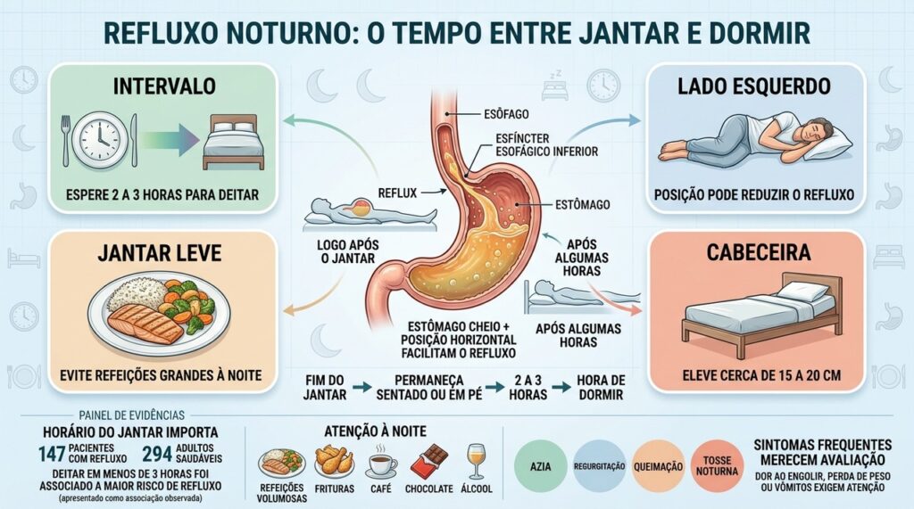 Intervalo, posição ao dormir e tamanho do jantar ajudam a reduzir refluxo noturno.